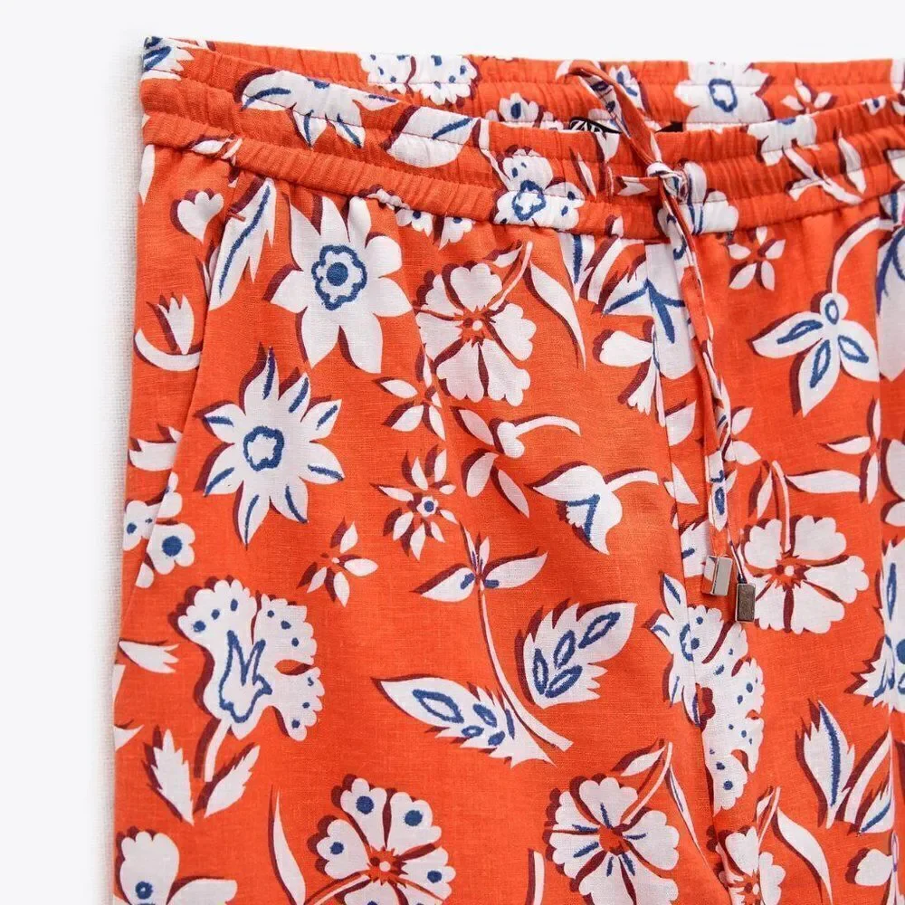 ZARA LINEN BLEND FLORAL PANTS NEW